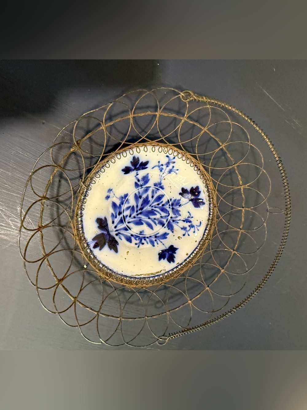 Antique Victorian Wirework Basket Blue White Porcelain Insert